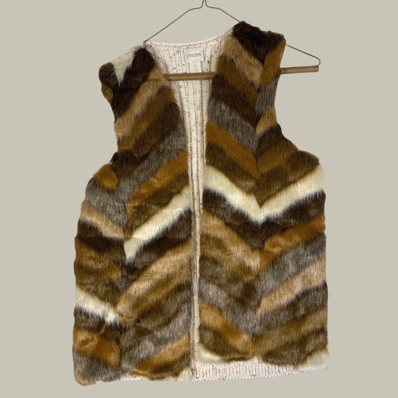 Chico's Jackets & Blazers - Chicos Faux Fur Knit Back Vest Chevron Brown Tan Cream Size 0 Small